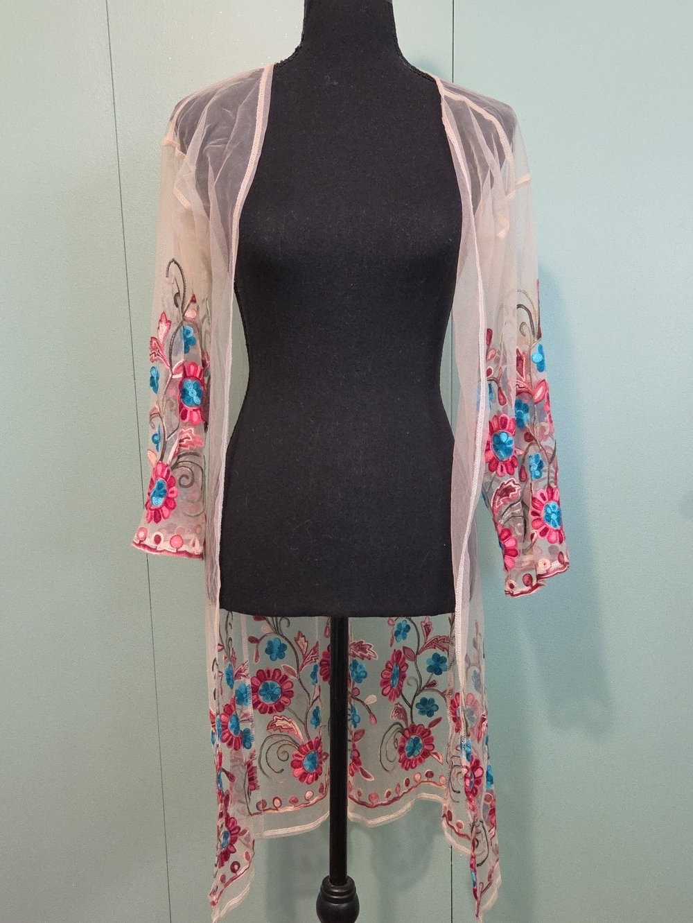 Sheer Embroidered Floral Shawl Duster Pink And Blue Medium